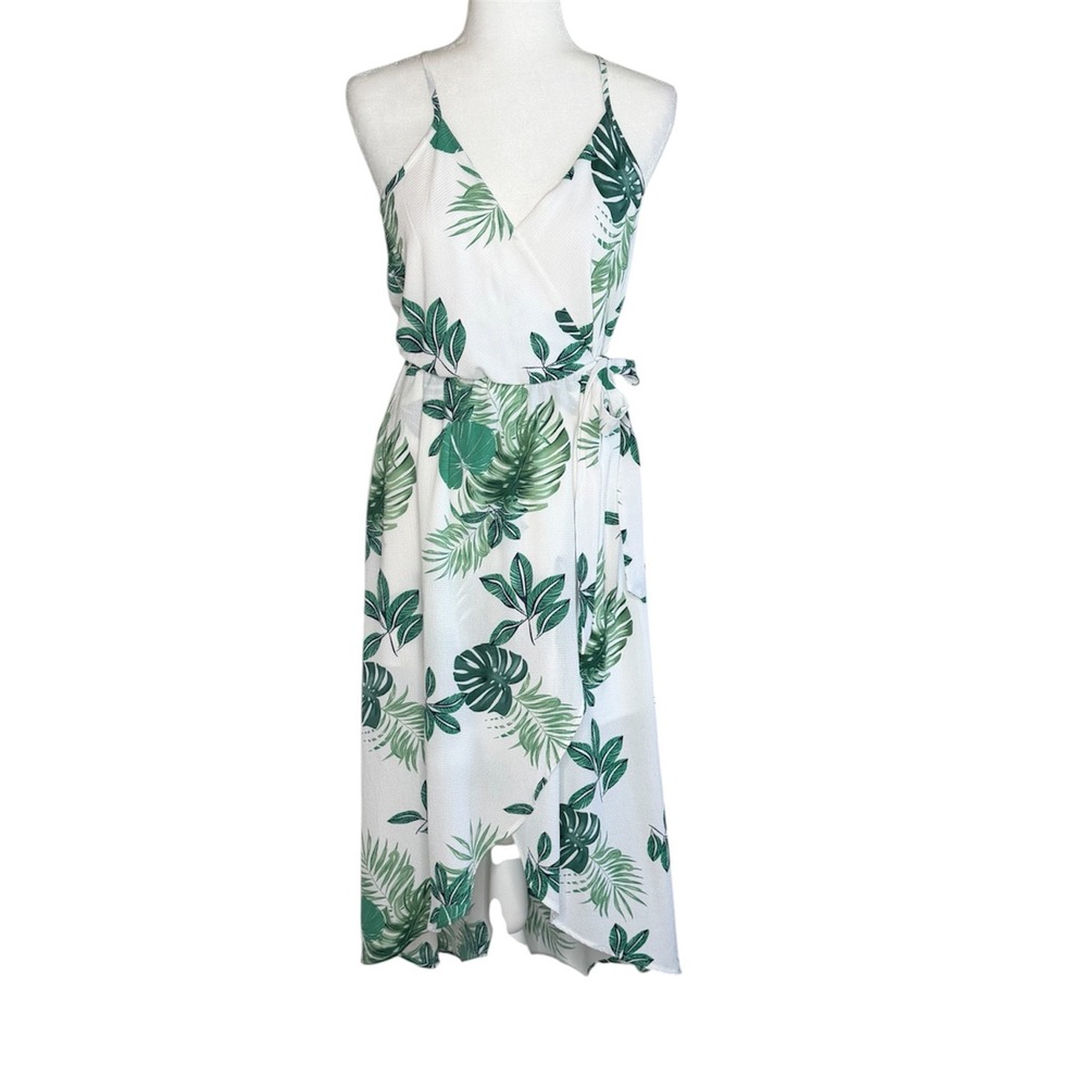 Dream of Me Women's M White Green Tropical Palm Leaf High Low Maxi Wrap Dress